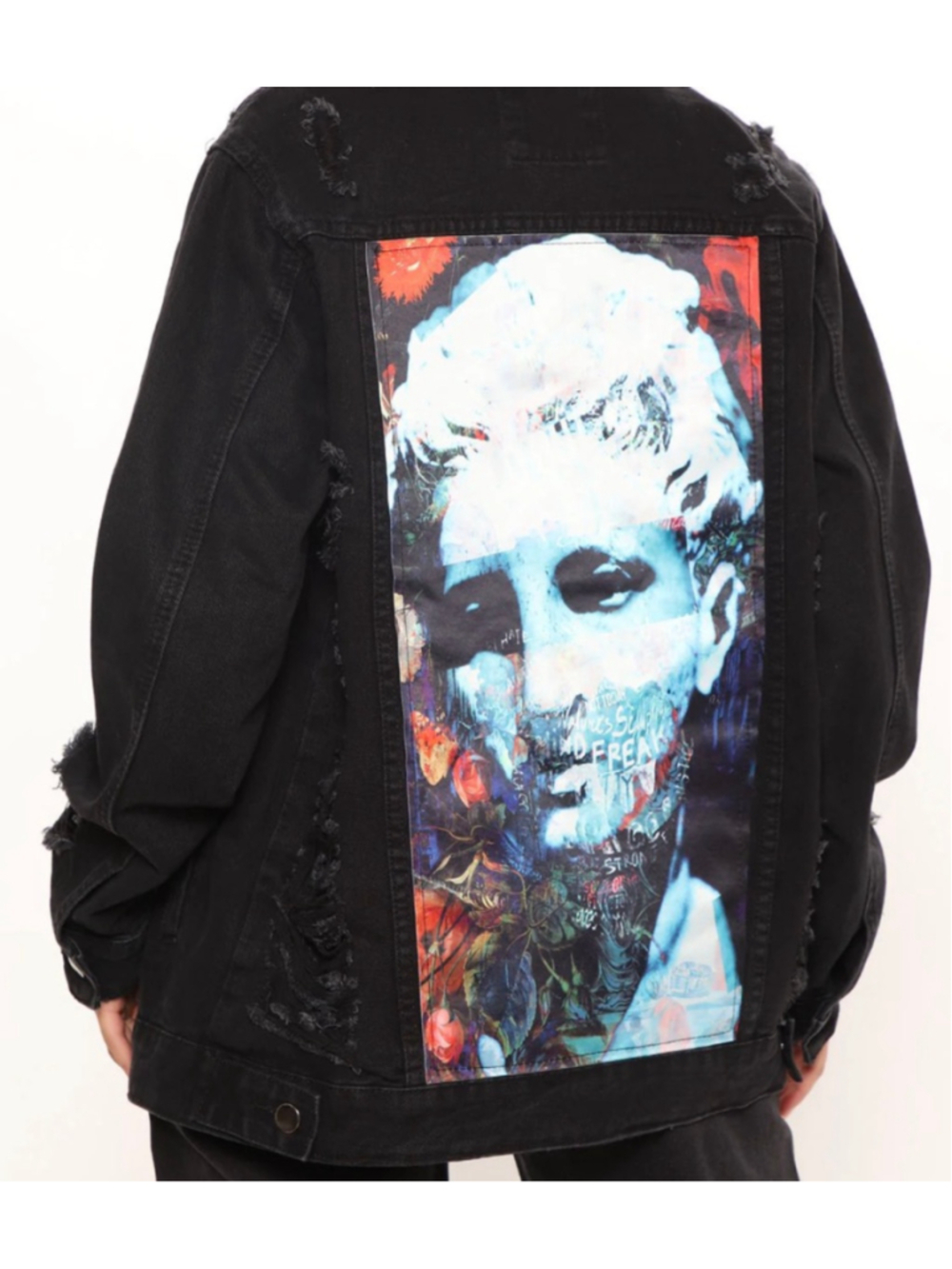Womens NWT AMERICAN BAZI Black Distressed Denim Jacket with Graphic Print 1X